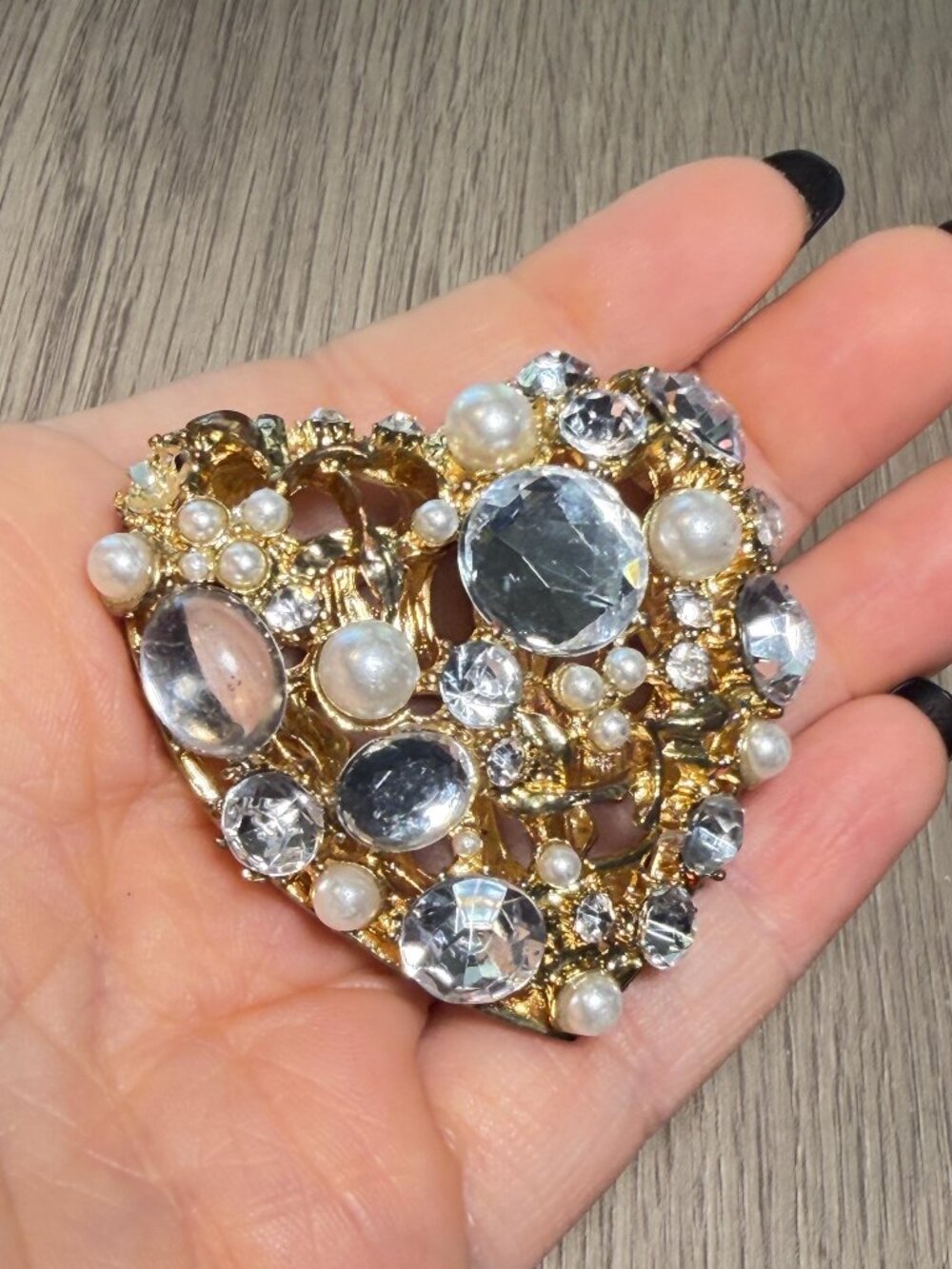 Rhinestone Heart Jewelry Component Faux Pearls Upcycle OOAK - Picture 7 of 9